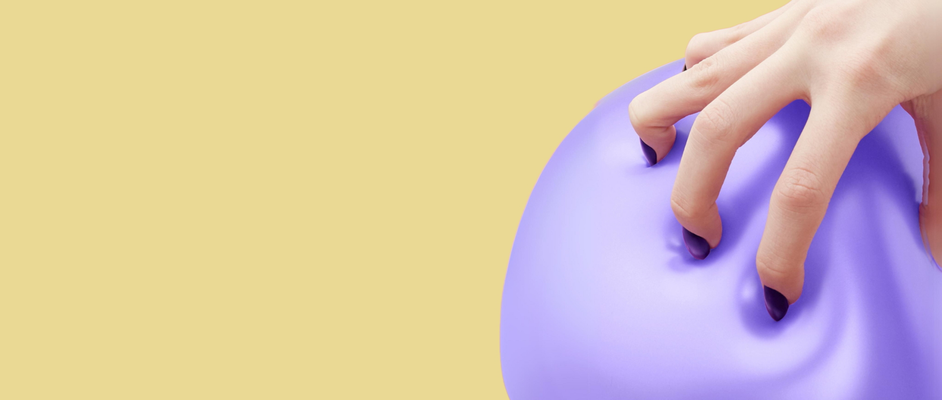 10 Tips for Optimising Your Checkout Flow. A purple balloon being squeezed by a woman with dark sharp nails demonstrating frictionless checkout.