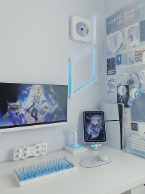 gaming setup with screen and keyboard white finish