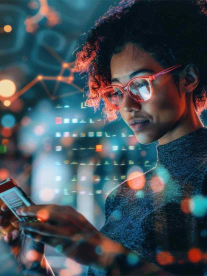 girl with red glasses looking at cell phone